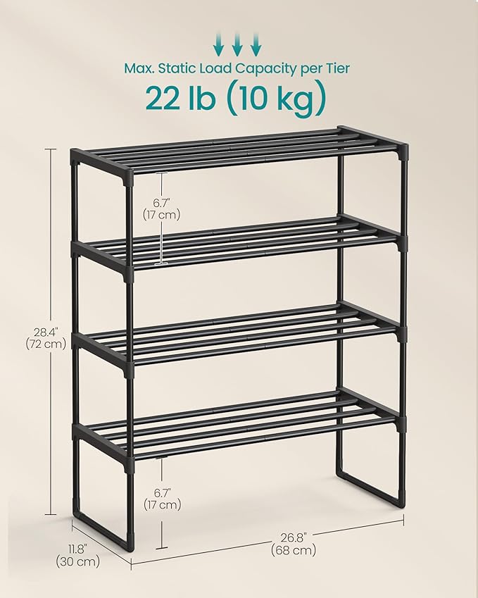 SONGMICS Shoe Rack, 4-Tier Shoe Organizer, Metal Storage Shelf, Upright or Upside Down, for 10-15 Pairs, Stackable, for Entry
