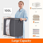 Lifewit 3 Pack 100L Clothes Storage Bins with Lids, Foldable Blanket Storage Bags with Zippers, Clear Window and Reinforced H