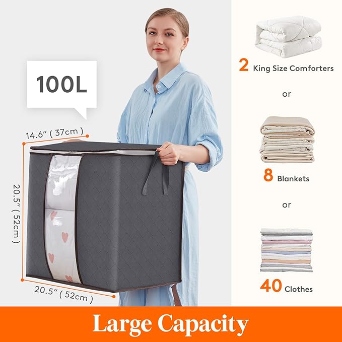 Lifewit 6 Pack 100L Clothes Storage Bins with Lids, Foldable Blanket Storage Bags with Zippers, Clear Window and Reinforced H