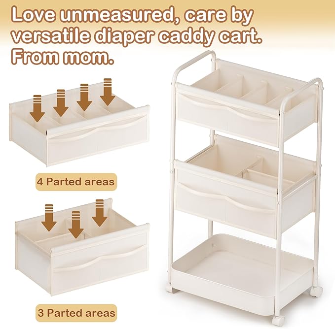 Baby Diaper Caddy, Premium Metal& Felt Movable Cart with Dividers for Newborn Nursery Essentials, Large Capacity Rolling Diap