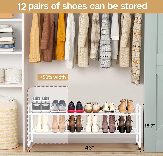 KEETDY 2-Tier Long Shoe Rack for Closet Metal Shoe Organizer for Entryway, Wide Stackable Shoe Storage Shelf with Sturdy Wire