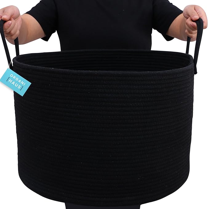 OrganiHaus Large Woven Storage Basket for Blankets and Toys 20" x 13" Inch, Rope Laundry Basket with Handles, Cushions & Pill