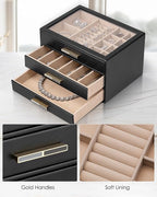 Vlando Jewelry Box for Women, Glass Lid Jewelry Organizer with 3 Drawers for Necklaces Rings Earrings Bracelets - Black