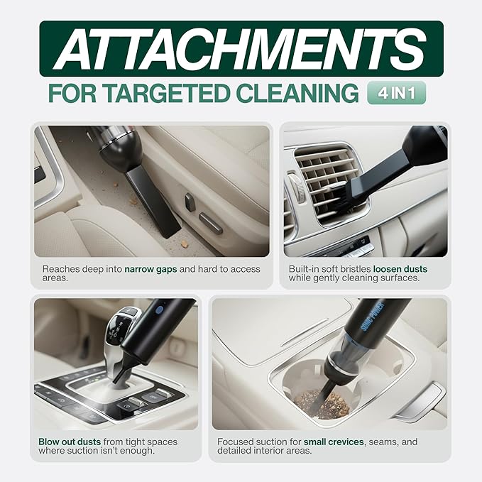 Portable Cordless Car Vacuum, 15000Pa High Suction Handheld Vacuum Cleaner, 2-in-1 Vacuum & Blower, with 4 Attachments & Port