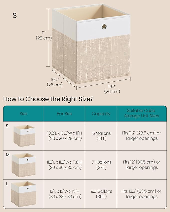 SONGMICS Storage Cubes, Set of 6 Foldable Fabric Storage Boxes, Cube Organizer Boxes with Handles, for Closet Shelves, Odorle