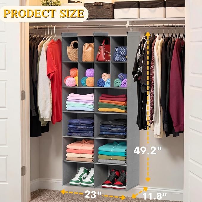 Ofiray-home 6 Tier Hanging Closet Organizer, 16 Compartments Sweater Organizer for Closet with 3 Sturdy Hooks, Closet Organiz