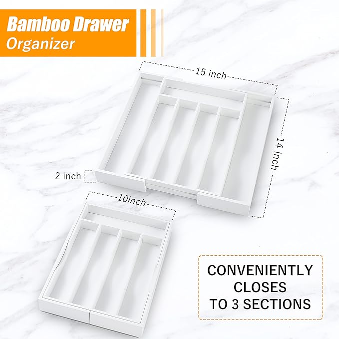 Bellsal White Silverware Organizer Kitchen Drawer Organizer Expandable Bamboo Utensil Holder Cutlery Tray for Kitchen Utensil