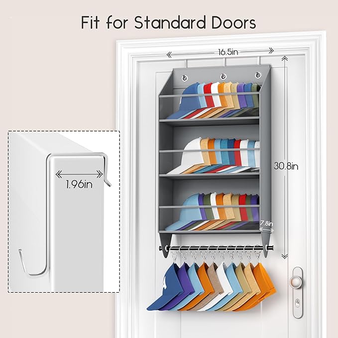 Homsorout Over the Door Hat Rack - 3-Layer Design Hat Organizer Holds 30-36 Hats with 10 Hooks, Ideal Hat Rack for Door, Over