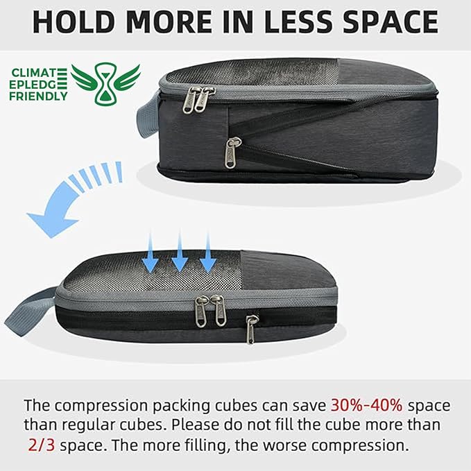BAGAIL 6 Set Lightweight Compression Packing Cubes with Packing List, Anti-Tearing Expandable Organizer Bags for Travel, Dark