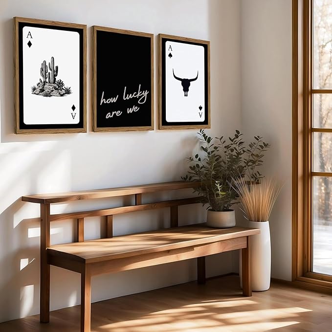 Western Wall Art Set of 3, Southwestern Cowboy Playing Card Wall Decor, Longhorn Bull Skull and How Lucky are We Poster Canva