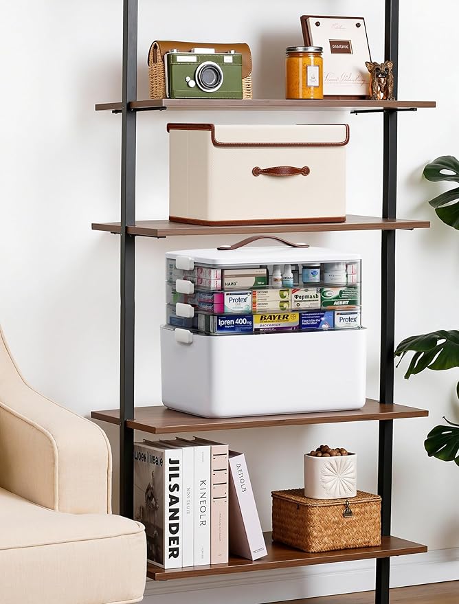 Large Medicine Cabinet Organizer with Tall Bottle Storage Bin & 7-Day Pill Box, 4-Tier Medicine Storage Organizer, Family Fir