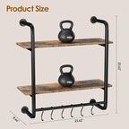 2 Tier Industrial Pipe Shelving, 24" Kitchen Shelves Wall Mounted with 6 Hooks, Coffee Bar Shelves Display Bookshelf Wall She