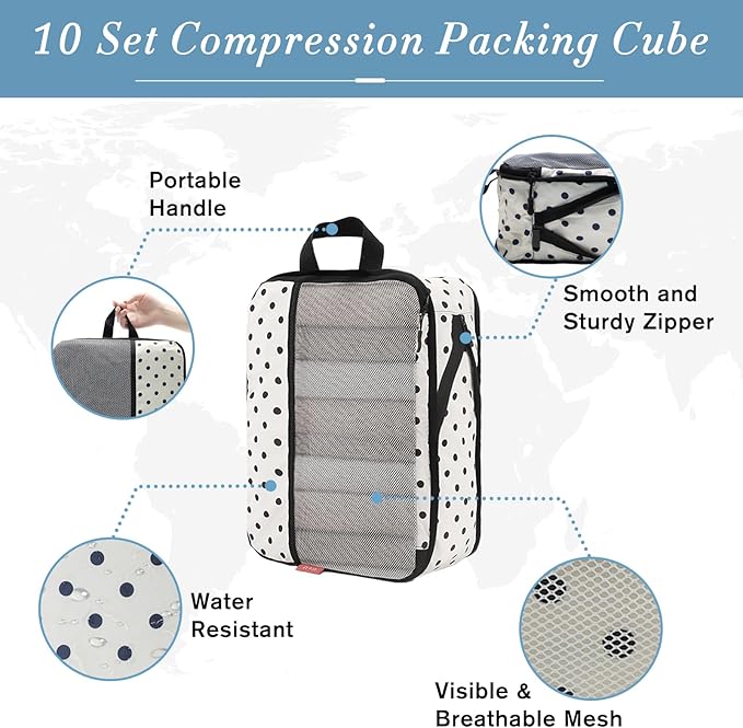 U+U 10 Set Compression Packing Cubes - Travel Organizers with Laundry Bag, Space-Saving Suitcase Organizer, Expandable Packin