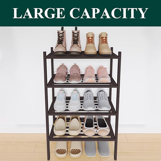 Smiry Small Bamboo Shoe Rack 4-Tier, Stackable Wooden Shoe Organizer for Entryway & Closet, Free Standing Wood Shoe Storage S