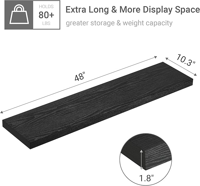 Vivelove Single Floating Shelves 48 Inches, 48 x 10 inch Deep x 1.8 in Thick, Long Wall Shelves Heavy Duty 80 lbs for Bedroom