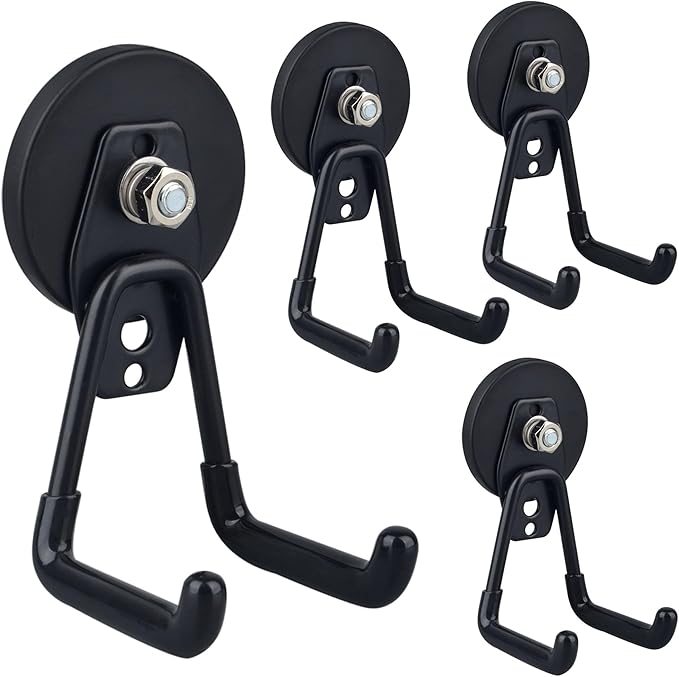 ULIBERMAGNET Heavy Duty Magnetic Garage Hooks,4 Pack Strong Large Magnet Hook for Power Drill,Garden Tools,Hose,Pegboard,Gara