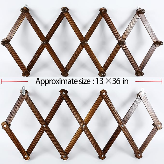 AMAPON Accordion Style Expandable Wall Wooden Coat Rack 13 Hooks (Pegs) Hang Hats Jackets Coffee Mug Purses Necklaces Towels 