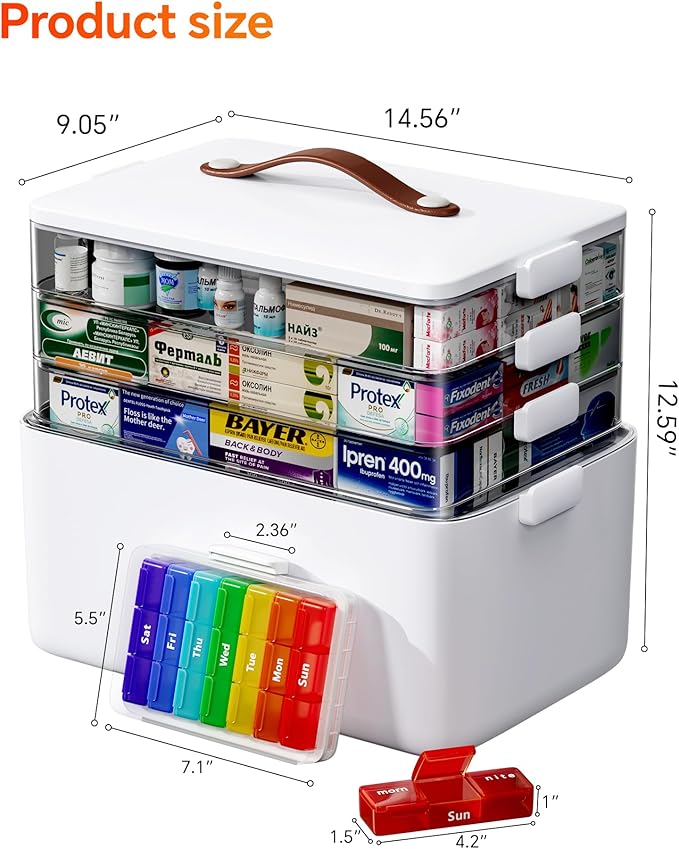 4-Tier Medicine Cabinet Organizer with Leather Handle, Empty Plastic First Aid Kit, Multipurpose Storage Box with A Portable 