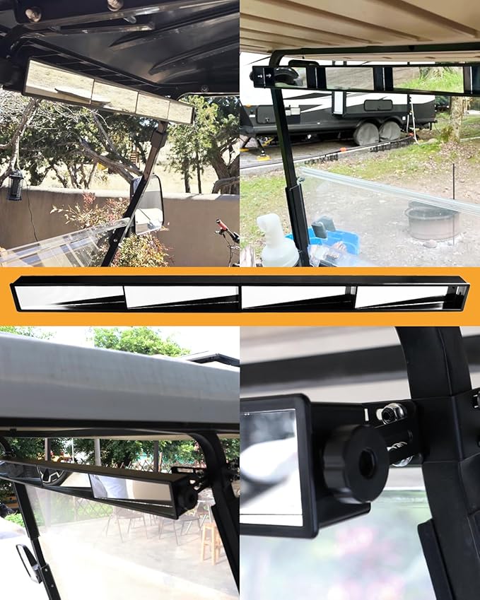 Xislet No-Drill Golf Cart Rear View Mirror - 4-Panel Wide-Angle Universal Fit for Evolution, Club Car, Yamaha & EZGO - True Panoramic View with No Blind Spots