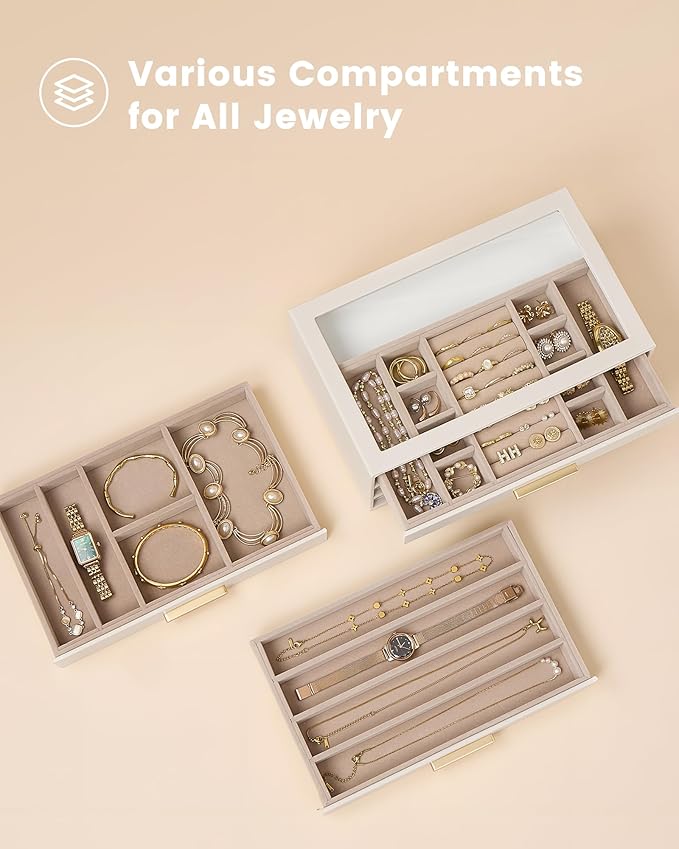 Lolalet Jewelry Box Organizer, 3-Layer Jewelry Organizers and Storage Case with Glass Lid, Ring Earring Bracelet Necklace Hol