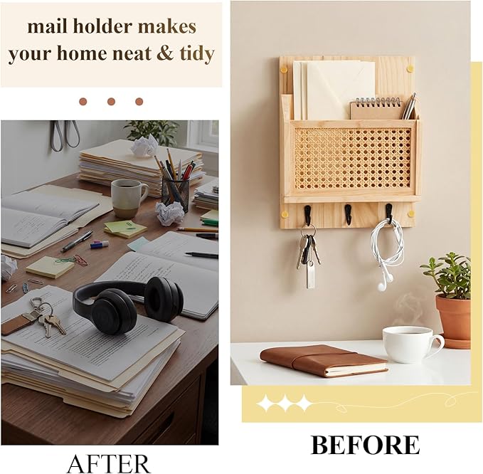 Rattan Mail and Key Holder Wall Mounted, Wood Magazine Mail Sorter Rack Wall Organizer with 2 Slots 3 Hooks for Coat, Dog Lea