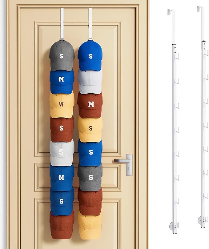 SWTYMIKI Over Door Hat Organizer - 2 Packs Metal Wall Mounted Hat Rack with 16 Hooks Design, Hanging Baseball Cap Organizer S
