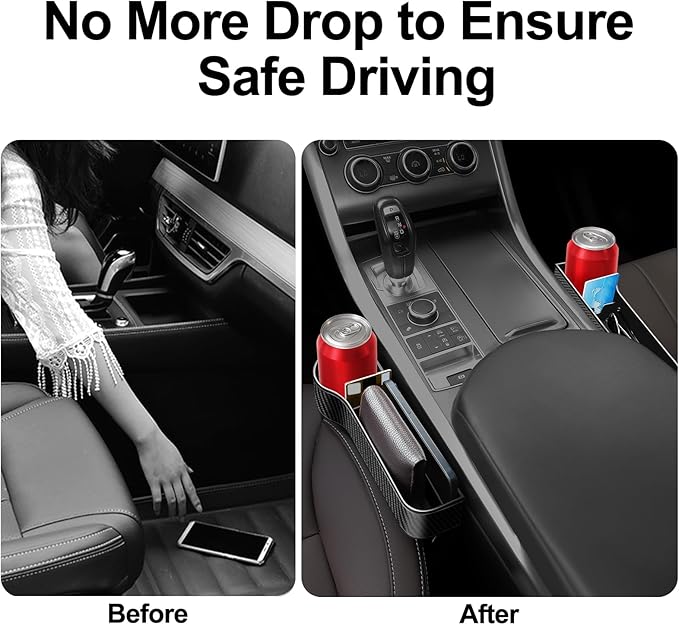 Car Seat Gap Filler, Premium Leather Car Seat Gap Filler Organizer with Cup Holder, Car Seat Organizer with Two Seat Hooks, Can Hold Cell Phone, Keys, Cards, Canned Drinks - 2 Pack, Black