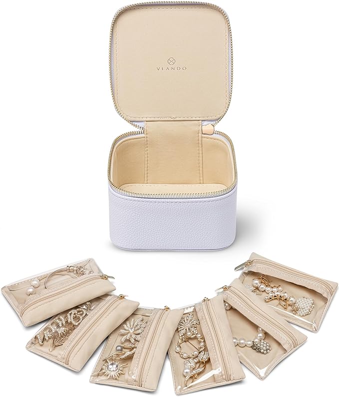 Vlando Jewelry Travel Case,Travel Jewelry Organizer with Clear Velvet Jewelry Bags 6Pcs Zipper Pouch for Women Gift for Her-P