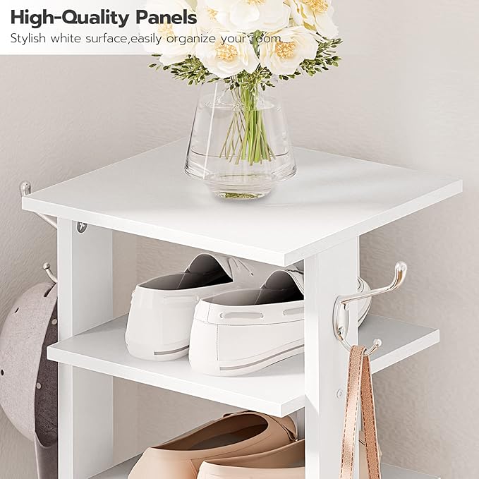 HOOBRO 8 Tiers Vertical Shoe Rack, Wooden Shoe Storage Organizer with Hooks, Narrow Shoe Tower for 8 Pairs, Space Saving, for