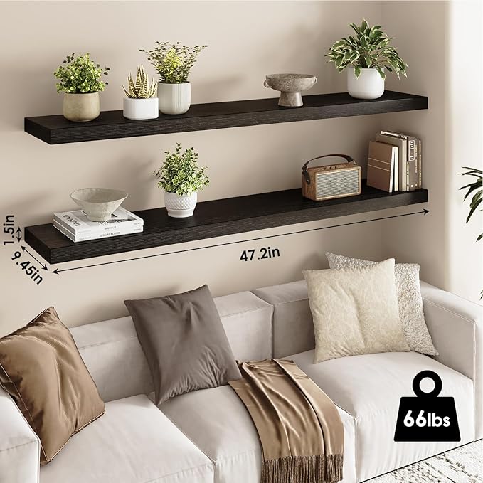 Fixwal Floating Shelves for Wall, 47" Long Heavy Duty Wall Mounted Rustic Wood Shelves for Living Room, Bedroom, Bathroom and