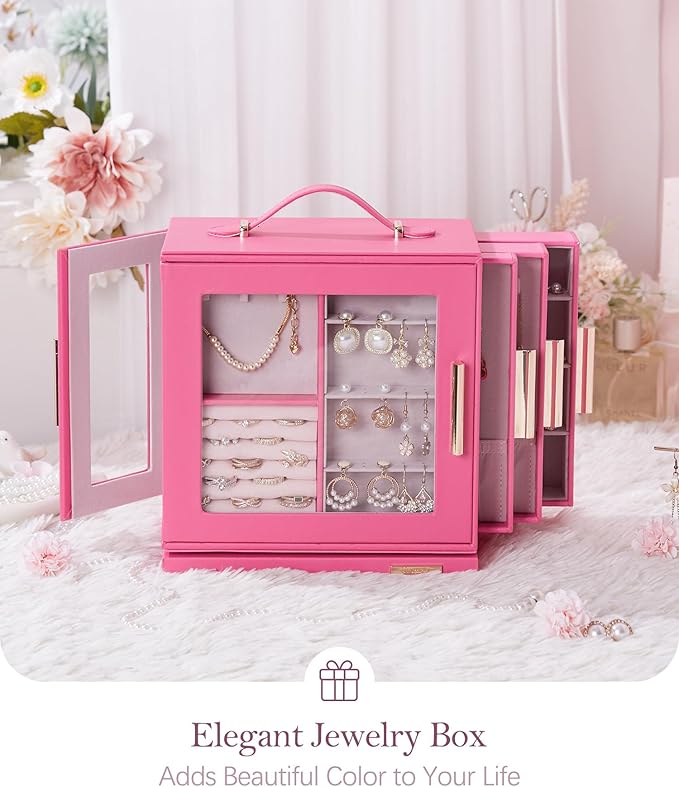 Homde Jewelry Box 360° Rotating, Necklace Earring Organizer with Transparent Window, Mirror, 7 Drawers, Large Ring Display St