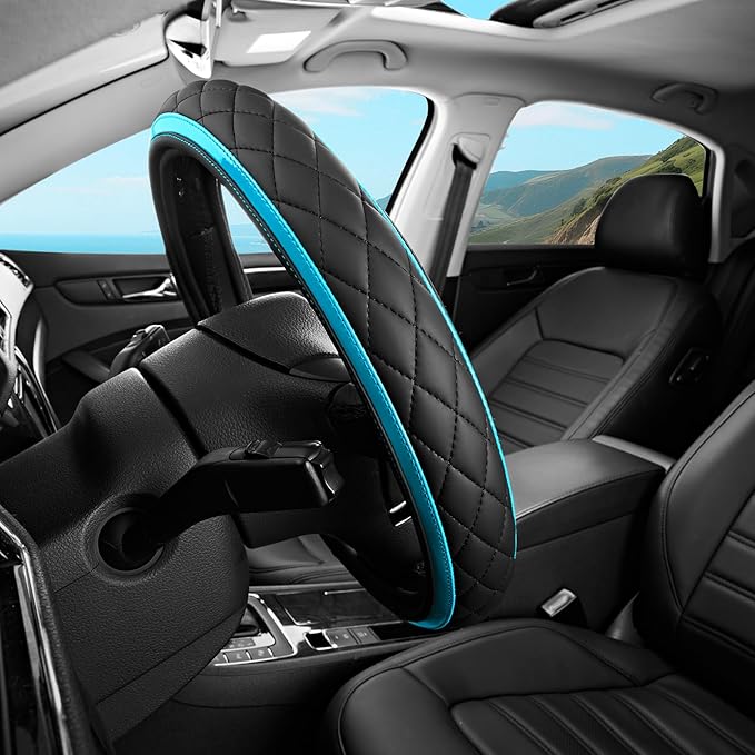 Road Comforts Leather Steering Wheel Cover – Black & Blue, Universal Fit 14.5-15 Inch, Microfiber Leather, Anti-Slip & Breath