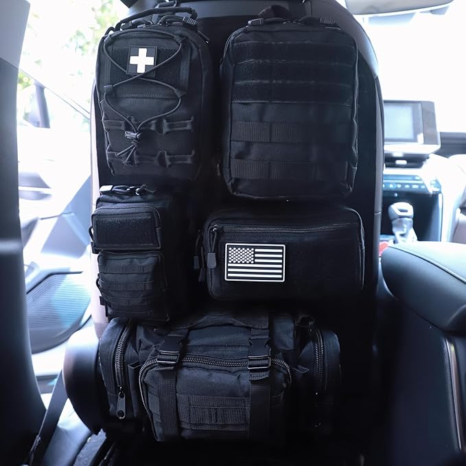 Universal Tactical Car Seat Back Organizer Bag Tactical Molle Vehicle Organizers Panel Vehicle Protector Organizers with 5 Detachable Pouches for Car Truck Ford Jeep (Model B-Black)