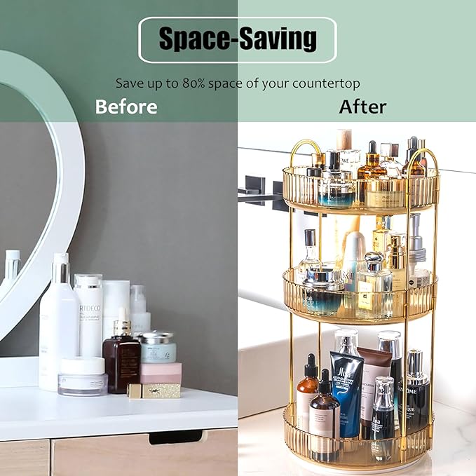 Rotating Makeup Organizer Countertop 3 Tier Lazy Susan Trays Clear Skincare Perfume Storage for Bathroom Counter Vanity, Ambe