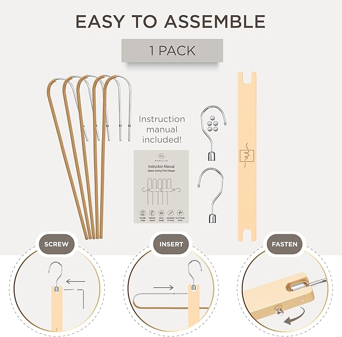 MORALVE Pants Hangers Space Saving - European Beechwood Scarf and Jean Hangers - Closet Organizer and Space Saver Pant Rack, 