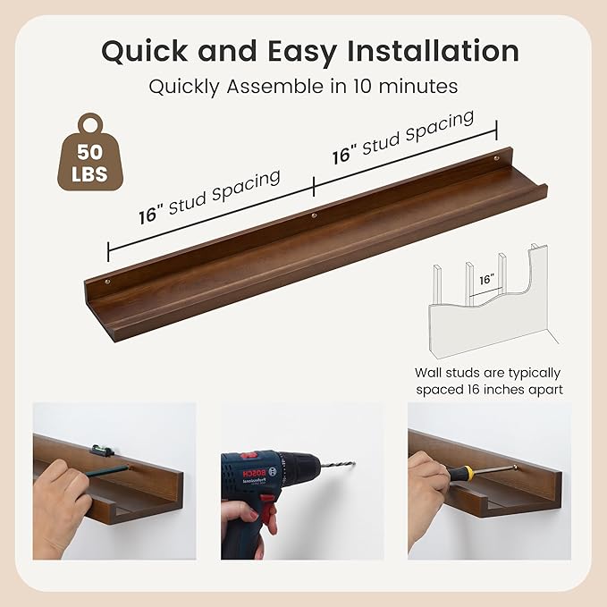 Picture Ledge Wall Shelves 36 inches Width Set of 3, Solid Pine Wood Rustic Floating Ledge Shelves for Wall for Kids' Room Be