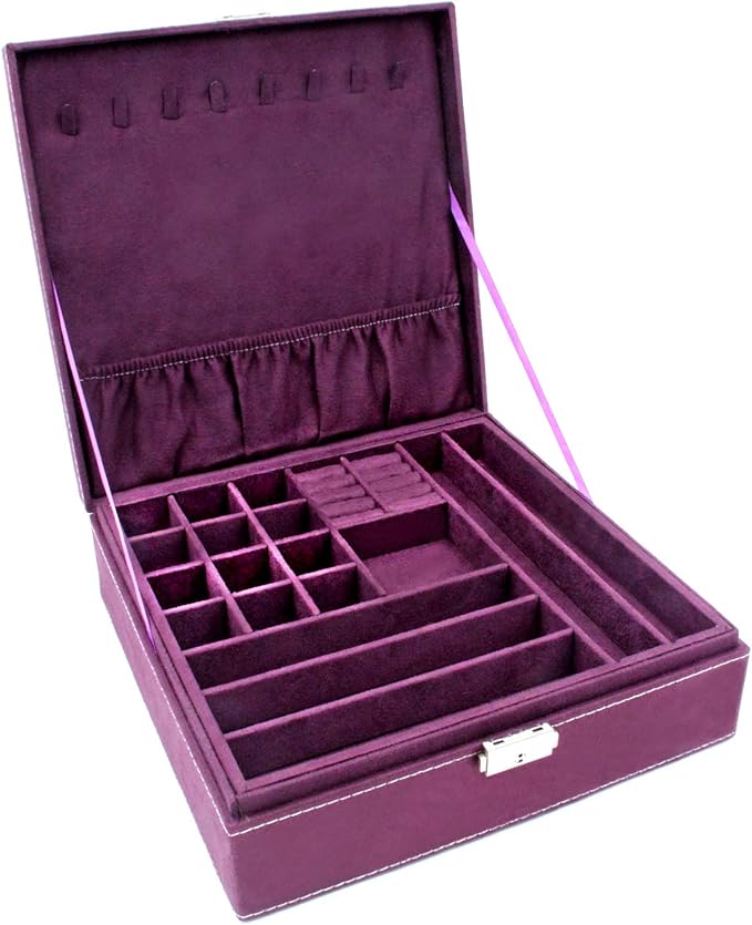 Two-Layer Jewelry Box Organizer Display Storage case with Lock (Purple)