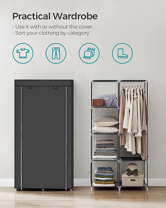 SONGMICS Portable Closet, Fabric Wardrobe, Clothes Rack with Shelves, Pockets, Large Capacity, 1 Hanging Rod, 34.6 x 17.7 x 6