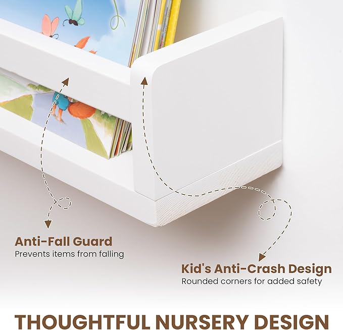 Fun Memories Nursery Book Shelves Set of 4, 24 Inch Solid Wood Wall Book Shelves, Kids Room Floating Shelves Organizer & Toy 