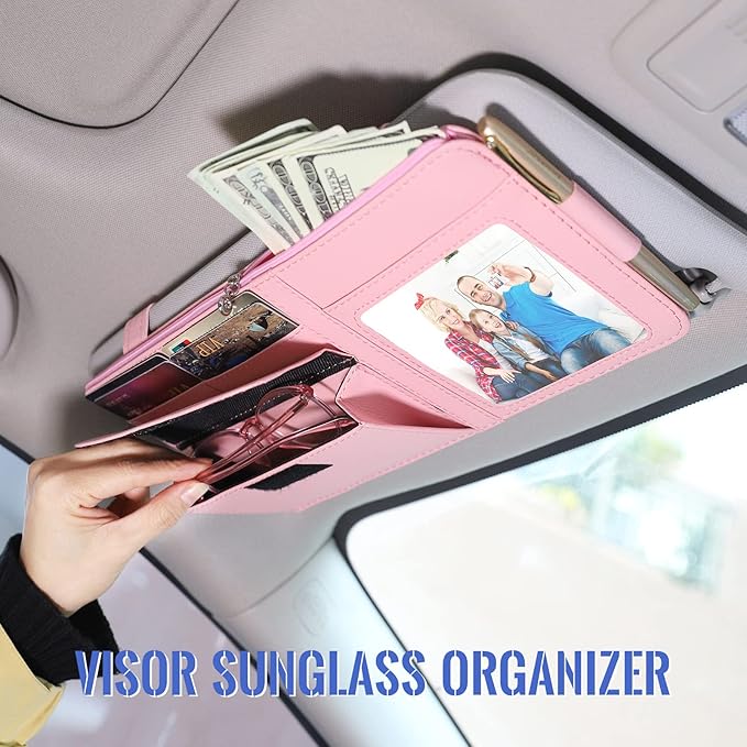 Car Visor Organizer for Auto Interior Accessories - Sunvisor Organizers with Glasses Holder and Picture Frame, Cute Visor Accessories for Women, Car Essentials for Truck You Must Have - Pink