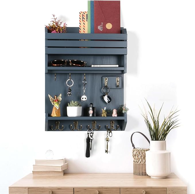 Key Holder, Wall Mounted Mail Organizer, Keys Holder on Wall with 9 Key Hooks, Gray