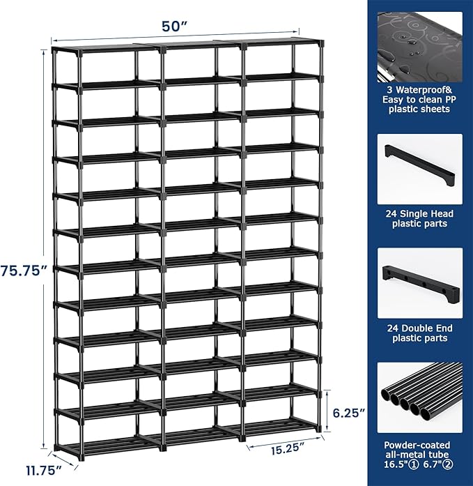 Mavivegue 3 Row 12 Tiers Shoe Rack, Large Storage Space, Metal Shoe Rack Organizer for Entryway, Closet, Bedroom, Garage,Blac