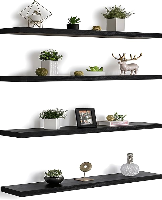 PHPH 48 Inch Wood Floating Shelves for Wall, Wooden Wall Shelves for Bedroom, Set of 4 Black