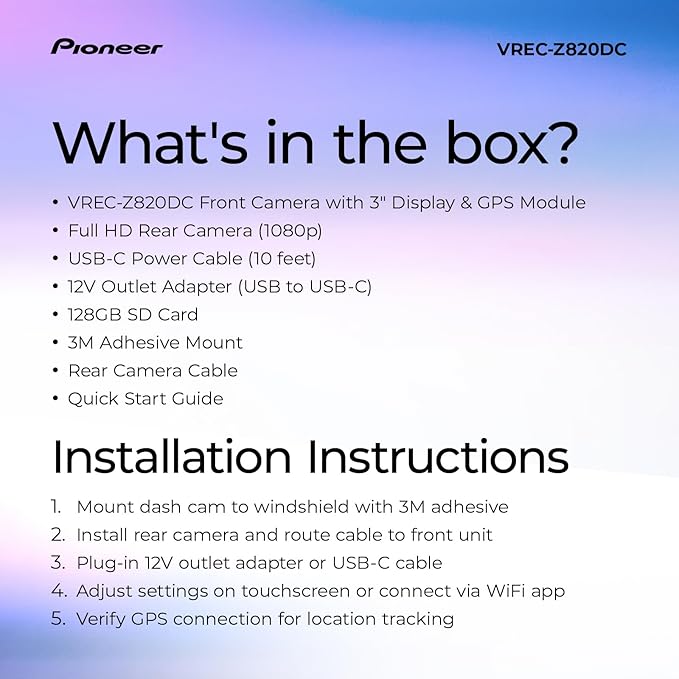 Pioneer VREC-Z820DC Dual Dash Cam Front and Rear Car Camera - Premium 4K Camera, AI-ISP Starvis Night Vision, 139 Degree Wide