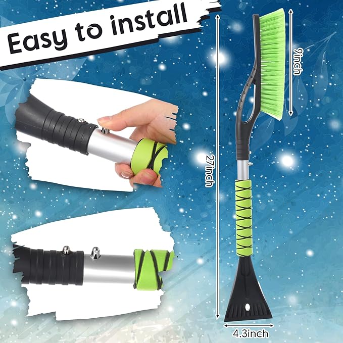 2 Pack 27" Snow Brush and Detachable Ice Scraper for Car Windshield and Window, Car Snow Scraper and Brush with Foam Grip for Cars, Trucks, SUVs, Winter Accessories(Green)