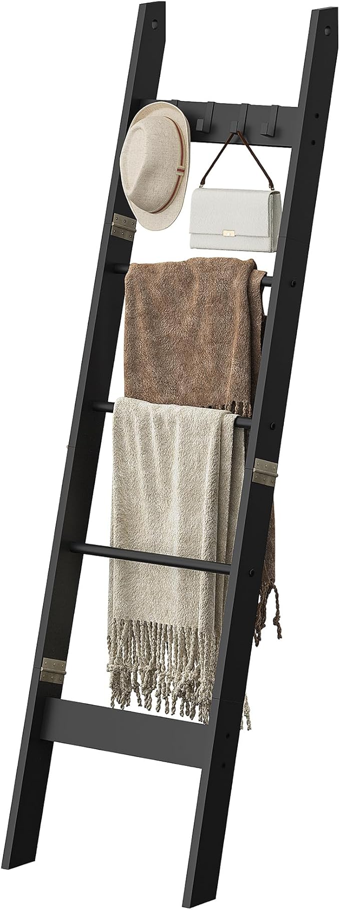 Hzuaneri Blanket Ladder for Living Room, Decorative Quilt Rack with 4 Removable Hooks, 5-Tier Farmhouse Ladder Holder Shelf O