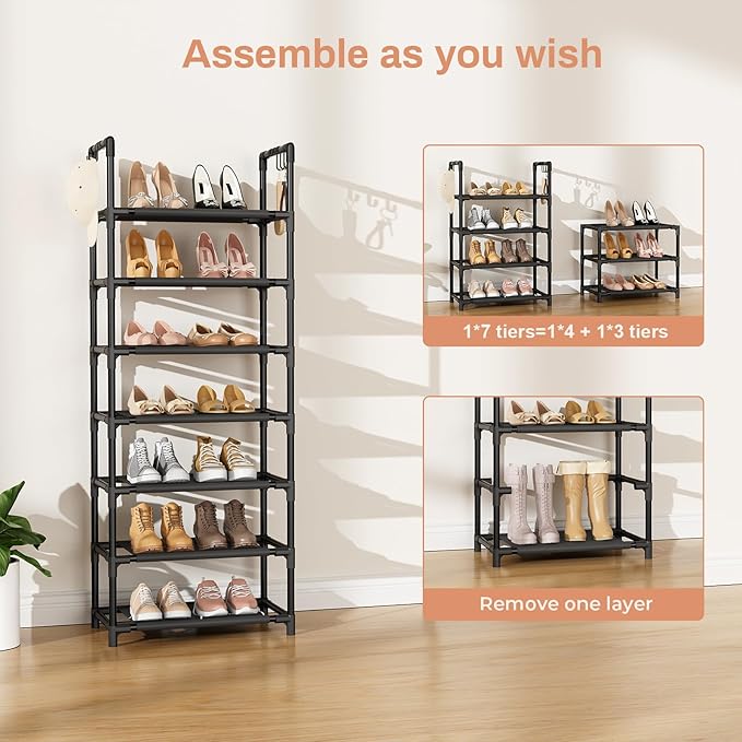 LANTEFUL 7 Tiers Shoe Rack 18-20 Pairs Boots Organizer Storage Sturdy Narrow Shoe Shelf for Entryway, Closets with Hooks, Bla