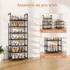 LANTEFUL 7 Tiers Shoe Rack 18-20 Pairs Boots Organizer Storage Sturdy Narrow Shoe Shelf for Entryway, Closets with Hooks, Bla