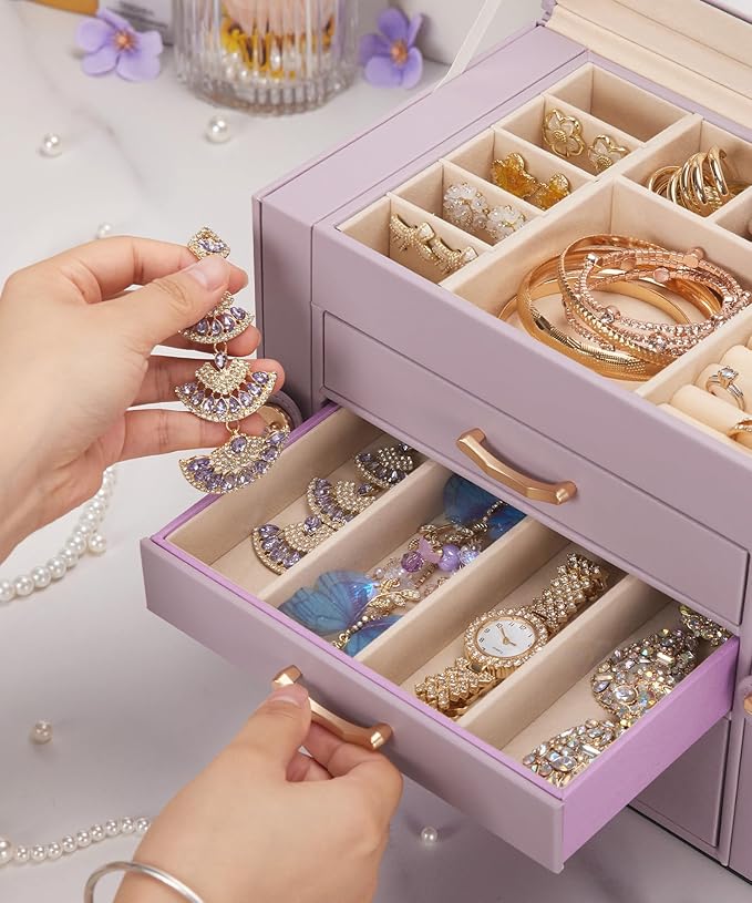 Enthralite Jewelry Box with 3 Drawers: Display Organizer for Earrings Necklaces - Gifts for Girls Women (Grey Purple)