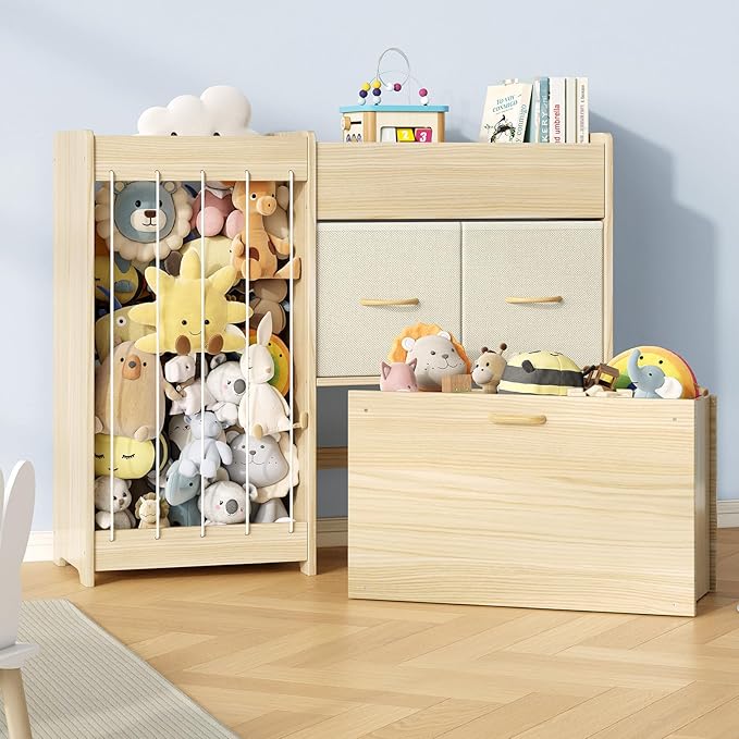 EXPERLAM Toy Organizer and Stuffed Animals Storage, All-in-One Toy Shelf with Stuffed Animal Holder, 2 Drawers, Movable Toy C